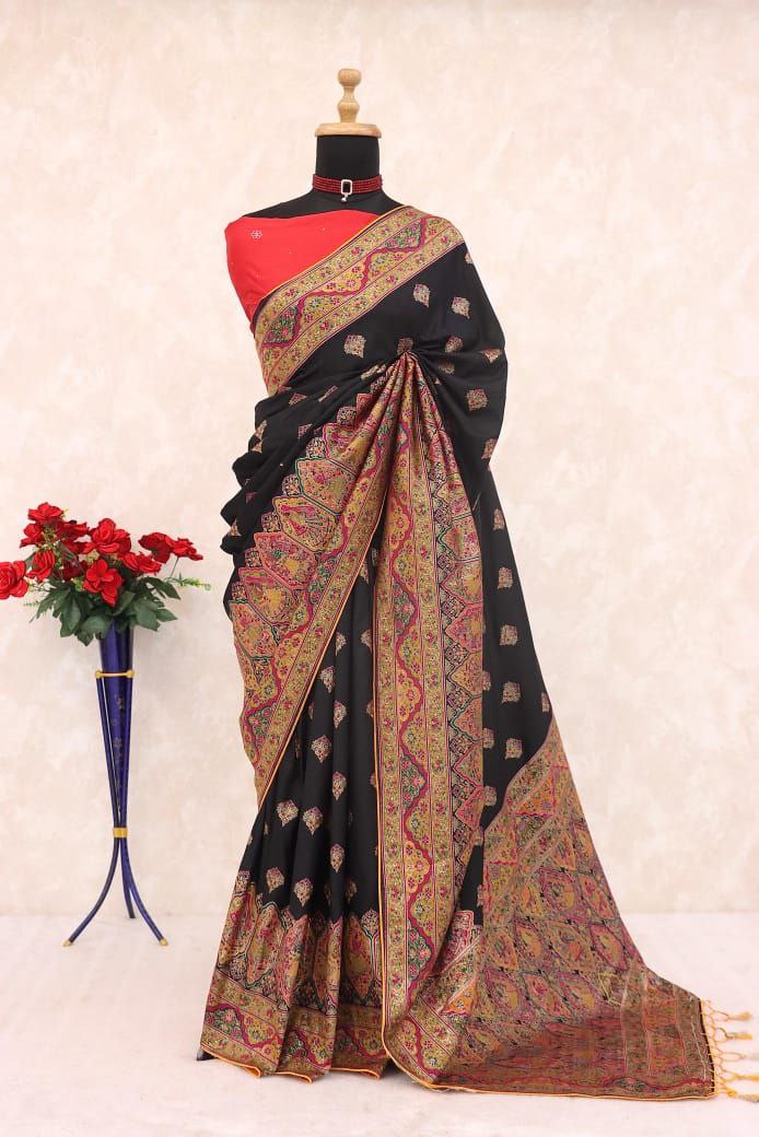 Royal Paithani Elegance Soft Silk Saree with Pashmina Weaving &amp; Contrast Border -   BLACK