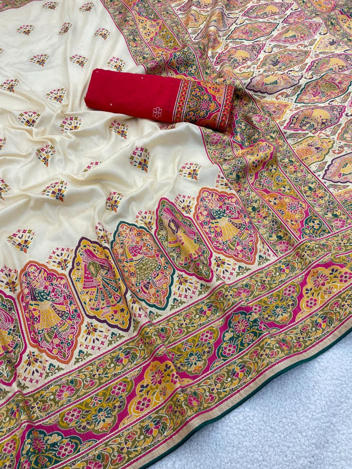 Royal Paithani Elegance Soft Silk Saree with Pashmina Weaving &amp; Contrast Border - OFF WHITE