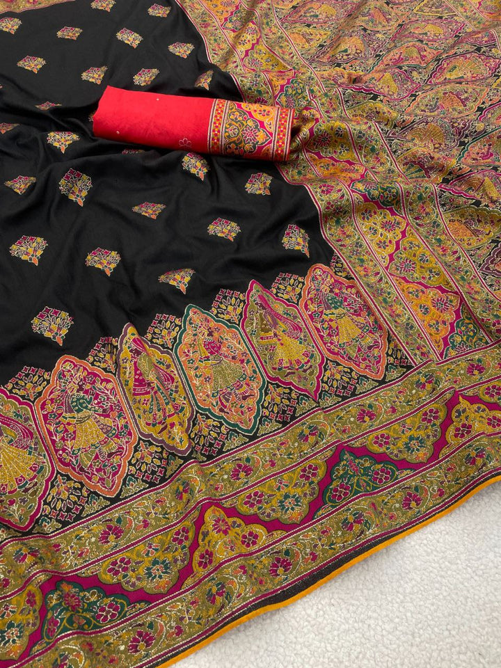 Royal Paithani Elegance Soft Silk Saree with Pashmina Weaving &amp; Contrast Border -   BLACK