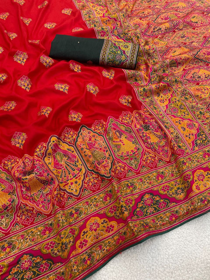 Royal Paithani Elegance Soft Silk Saree with Pashmina Weaving &amp; Contrast Border - RED