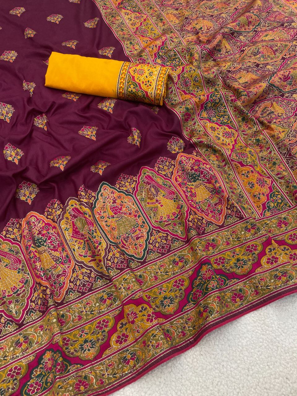 Royal Paithani Elegance Soft Silk Saree with Pashmina Weaving &amp; Contrast Border - WINE