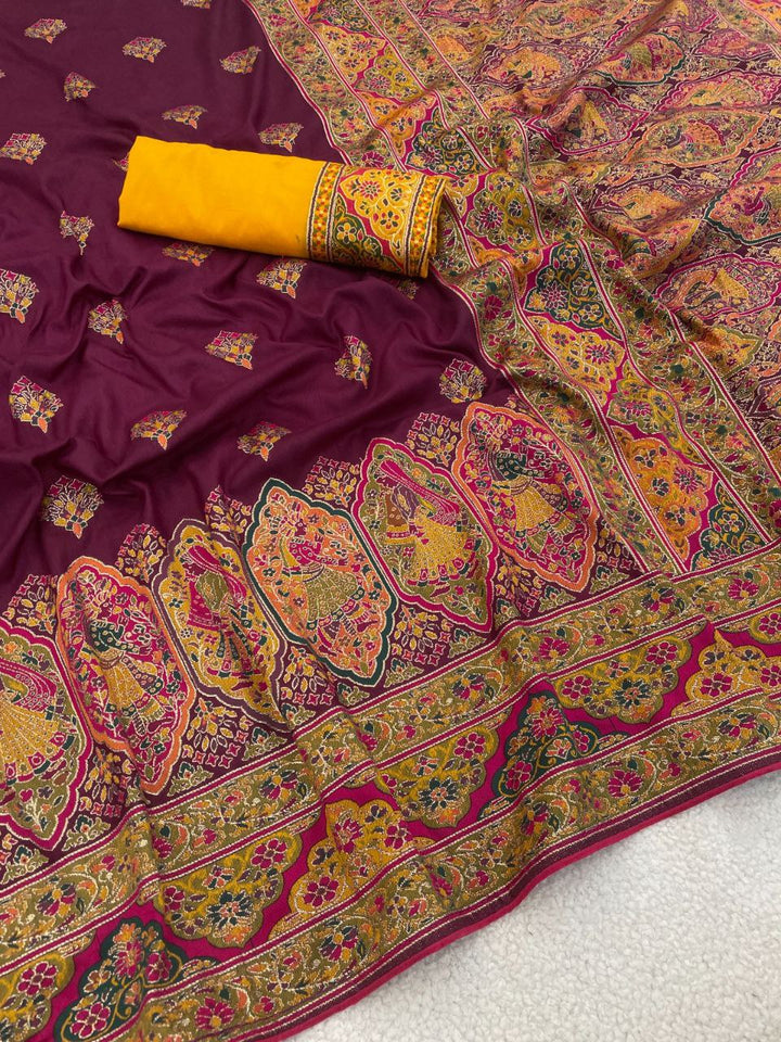 Royal Paithani Elegance Soft Silk Saree with Pashmina Weaving &amp; Contrast Border - WINE
