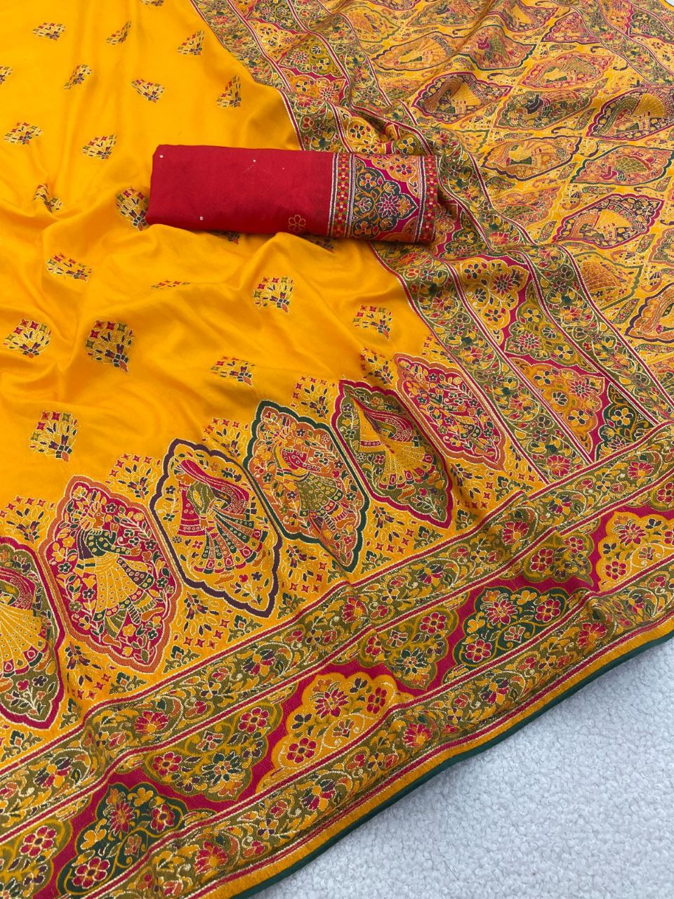 Royal Paithani Elegance Soft Silk Saree with Pashmina Weaving &amp; Contrast Border - YELLOW