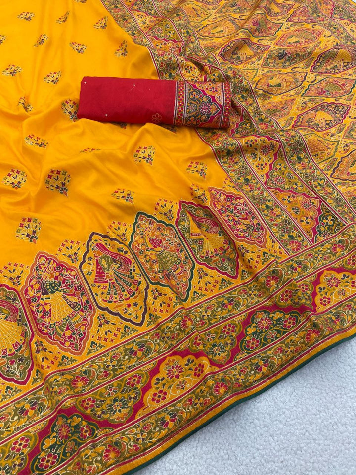 Royal Paithani Elegance Soft Silk Saree with Pashmina Weaving &amp; Contrast Border - YELLOW
