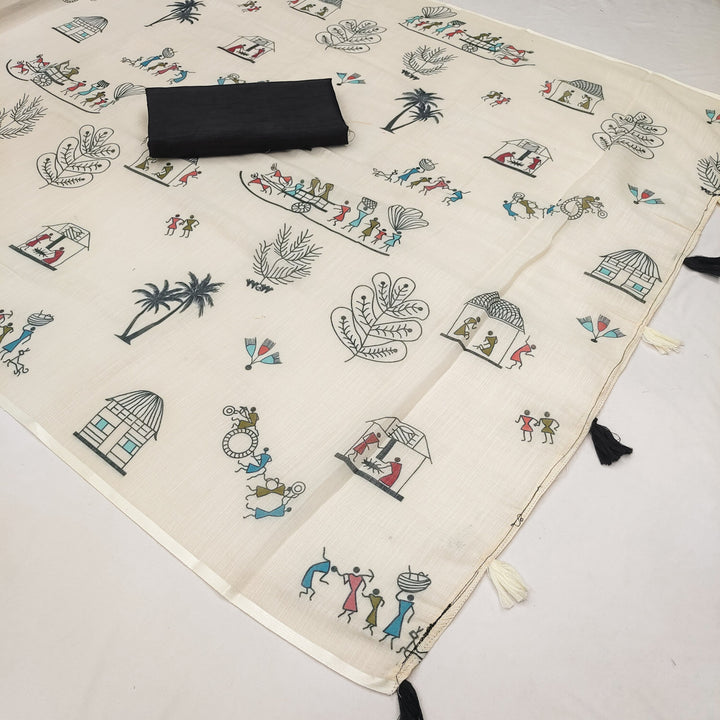 Warli-Multi Soft Linen Cotton Printed Saree with Blouse Piece