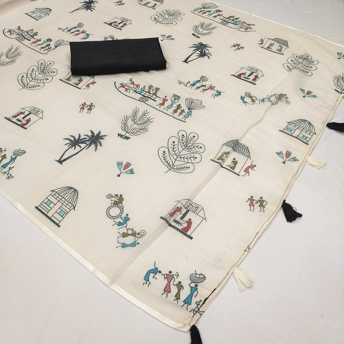 Warli-Multi Soft Linen Cotton Printed Saree with Blouse Piece