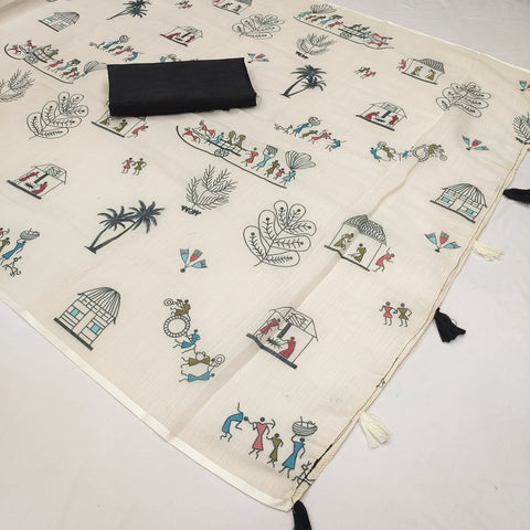 Warli-Multi Soft Linen Cotton Printed Saree with Blouse Piece