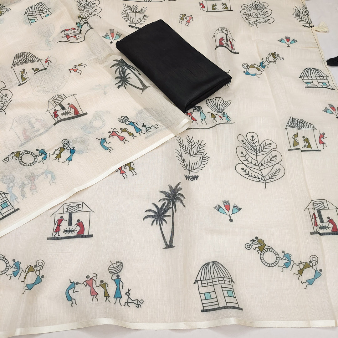 Warli-Multi Soft Linen Cotton Printed Saree with Blouse Piece