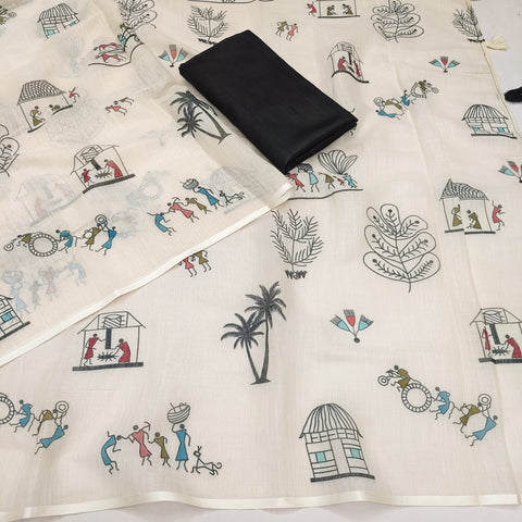 Warli-Multi Soft Linen Cotton Printed Saree with Blouse Piece