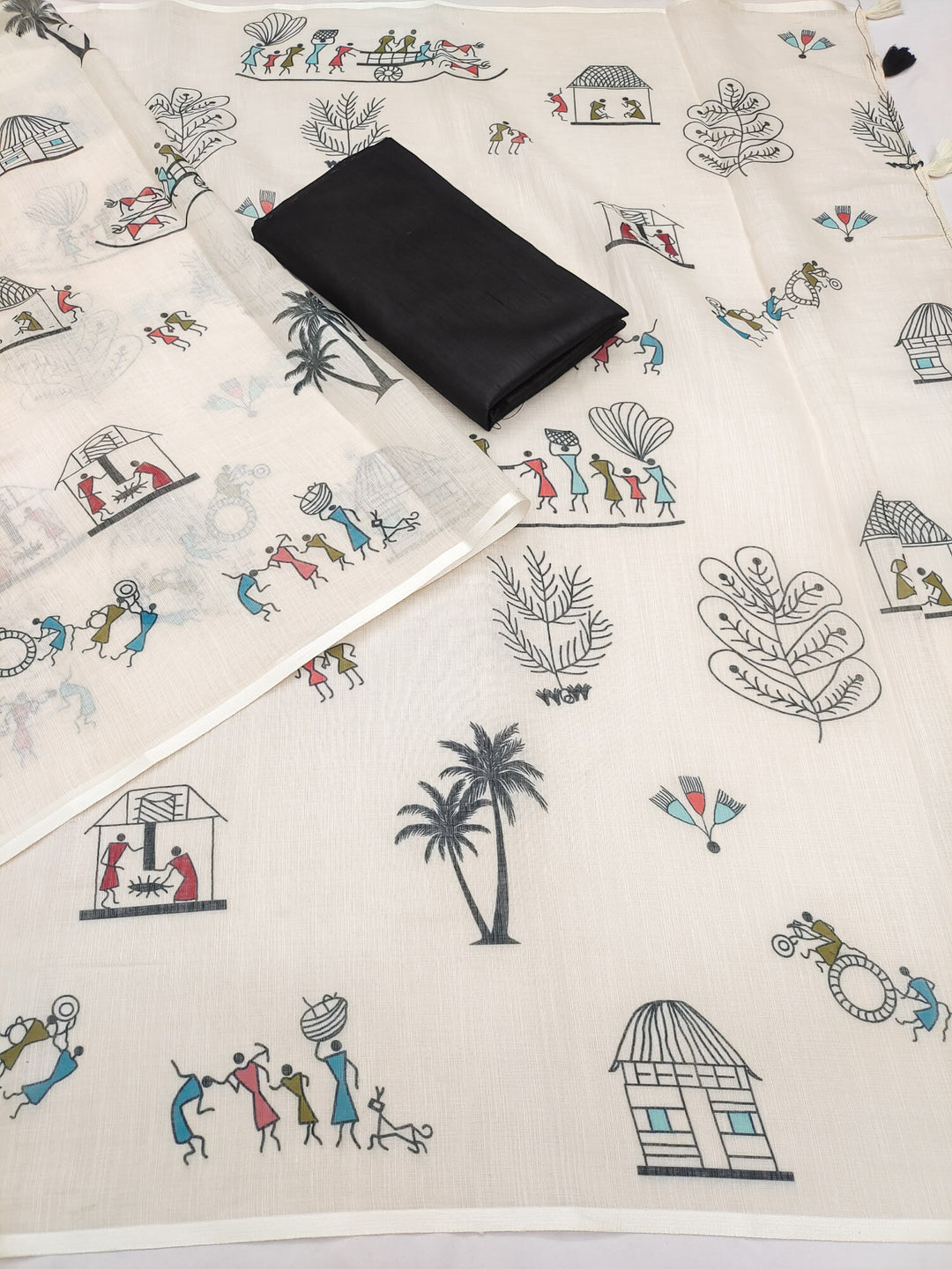 Warli-Multi Soft Linen Cotton Printed Saree with Blouse Piece