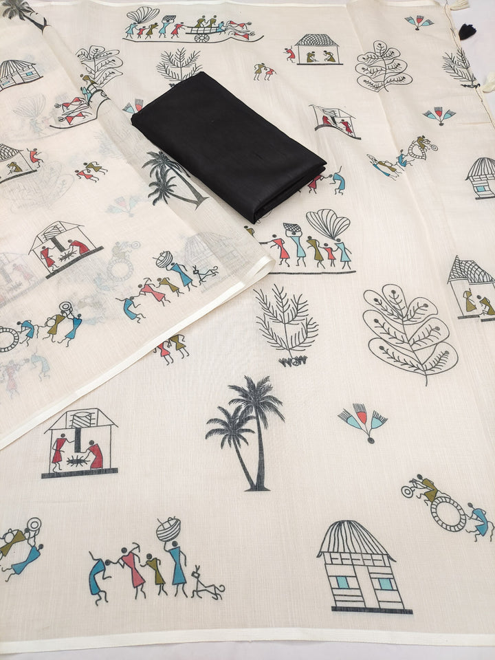 Warli-Multi Soft Linen Cotton Printed Saree with Blouse Piece