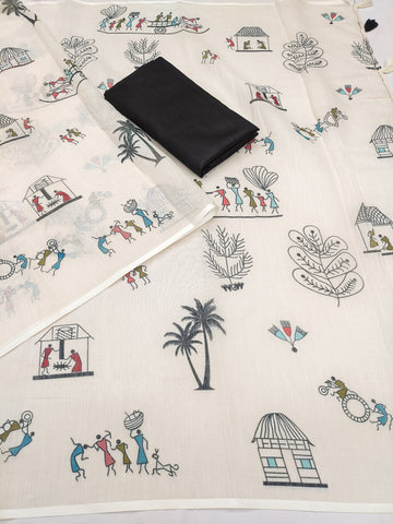 Warli-Multi Soft Linen Cotton Printed Saree with Blouse Piece