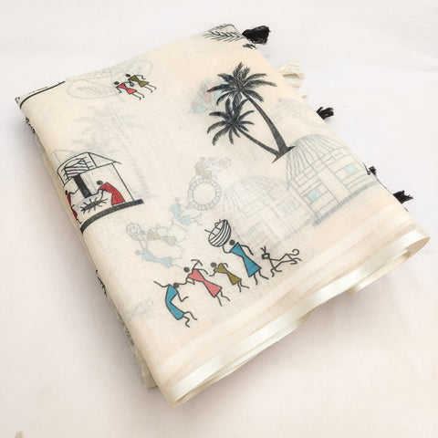 Warli-Multi Soft Linen Cotton Printed Saree with Blouse Piece