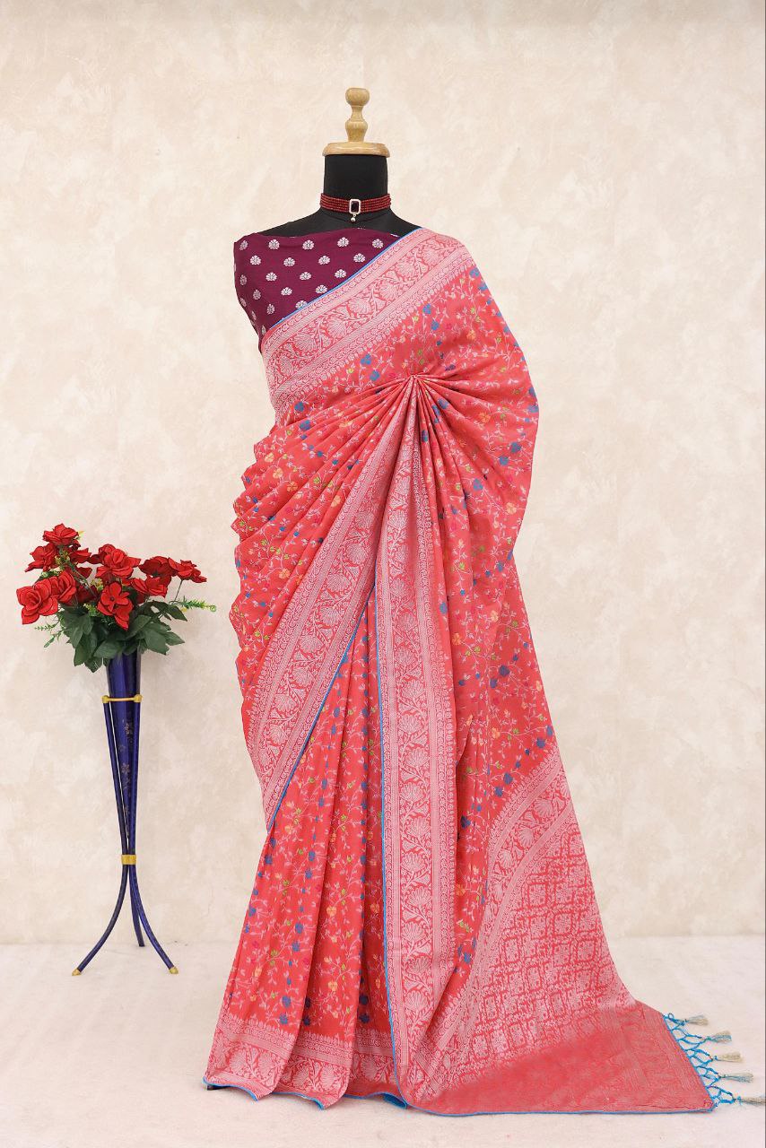 Traditional Paithani Soft Silk Saree with Elegant Pashmina Butti Weaving - LIGHT RED