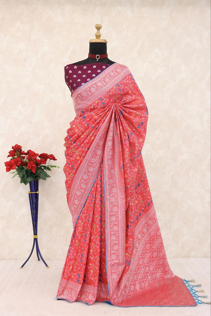 Traditional Paithani Soft Silk Saree with Elegant Pashmina Butti Weaving - LIGHT RED