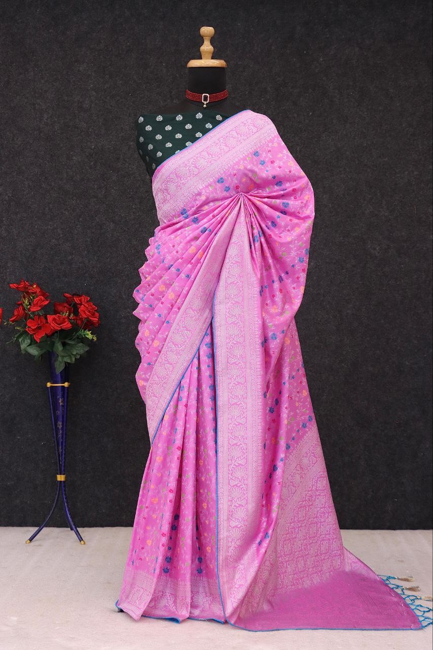 Traditional Paithani Soft Silk Saree with Elegant Pashmina Butti Weaving - PINK