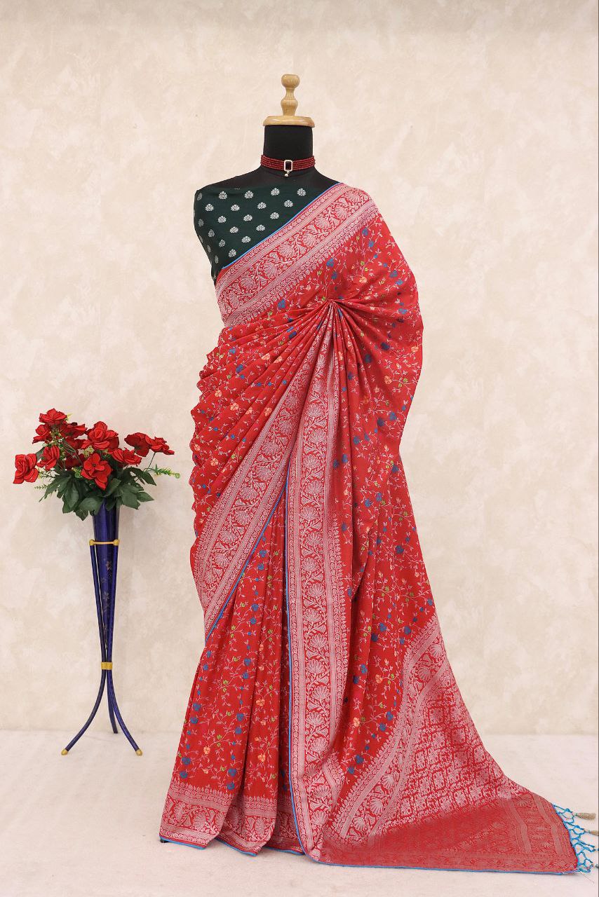 Traditional Paithani Soft Silk Saree with Elegant Pashmina Butti Weaving - RED