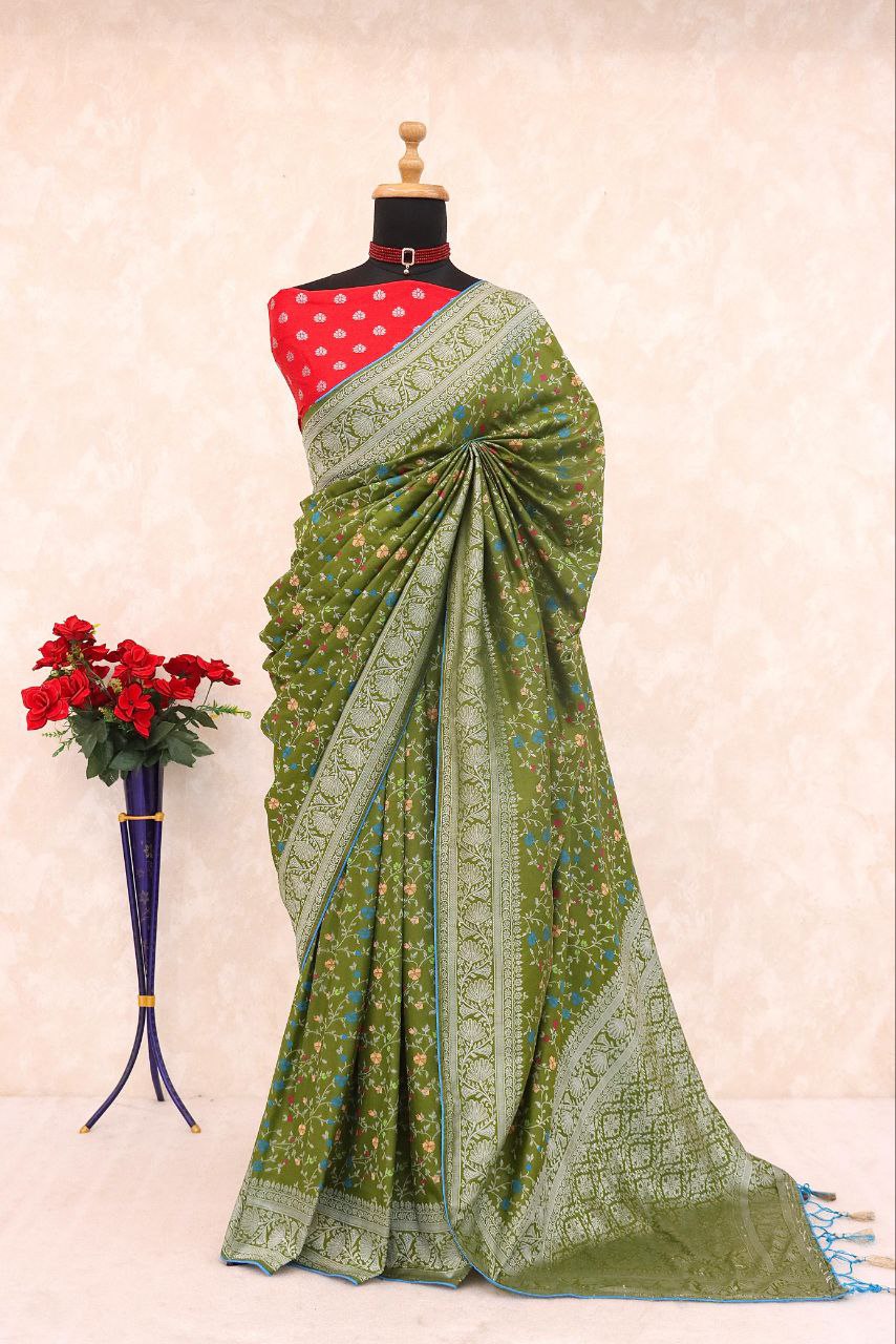 Traditional Paithani Soft Silk Saree with Elegant Pashmina Butti Weaving - MEHENDI