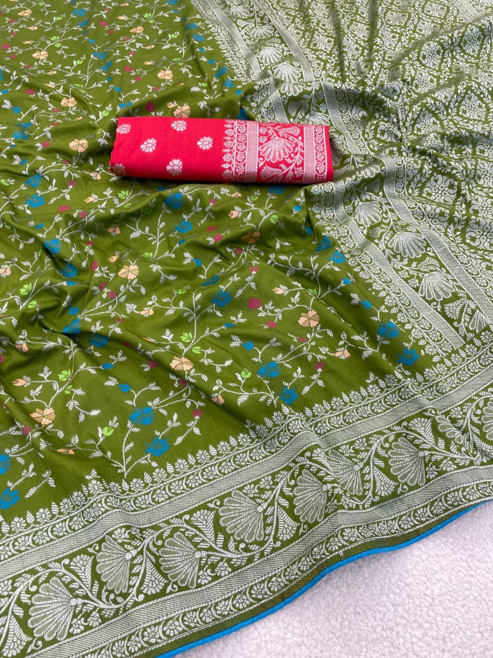 Traditional Paithani Soft Silk Saree with Elegant Pashmina Butti Weaving - MEHENDI