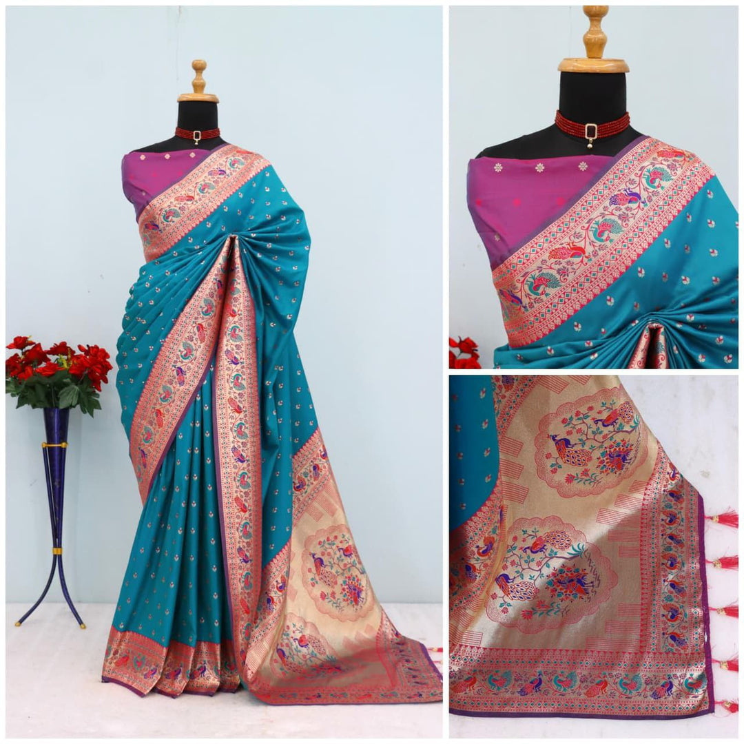 Has floral and peacock motifs on the zari border and pallu RAMA