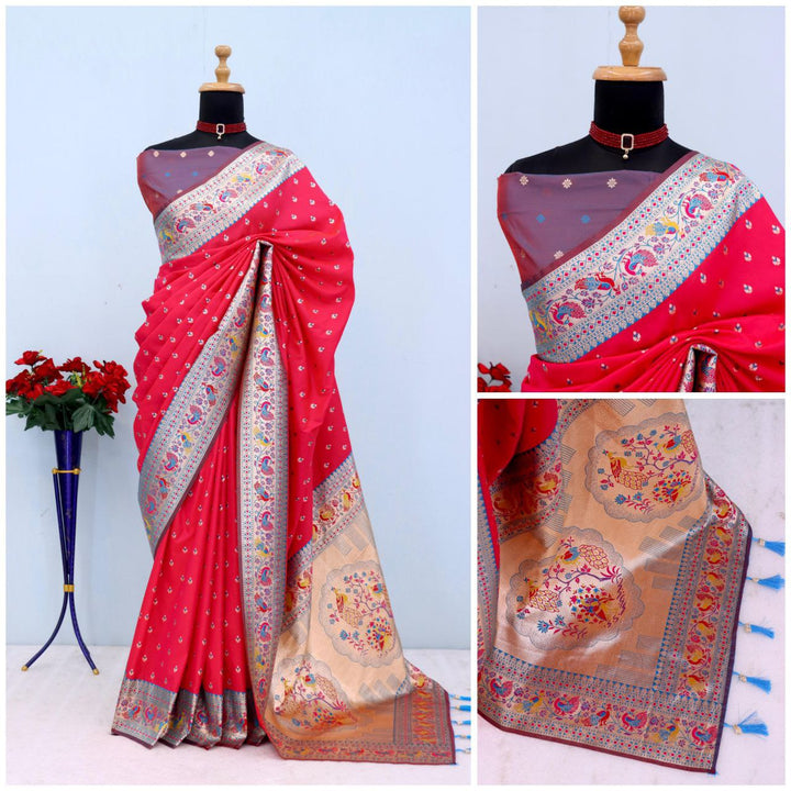 Has floral and peacock motifs on the zari border and pallu RED