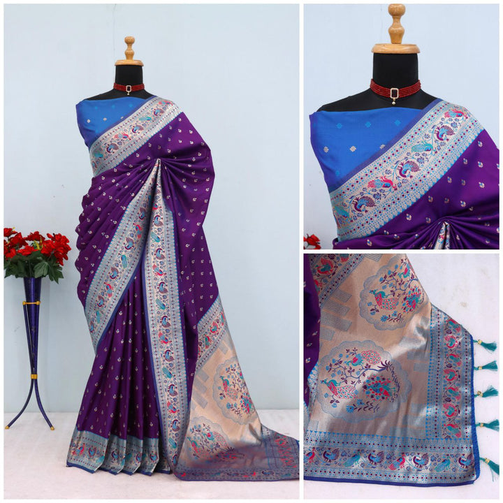 Has floral and peacock motifs on the zari border and pallu PURPLE