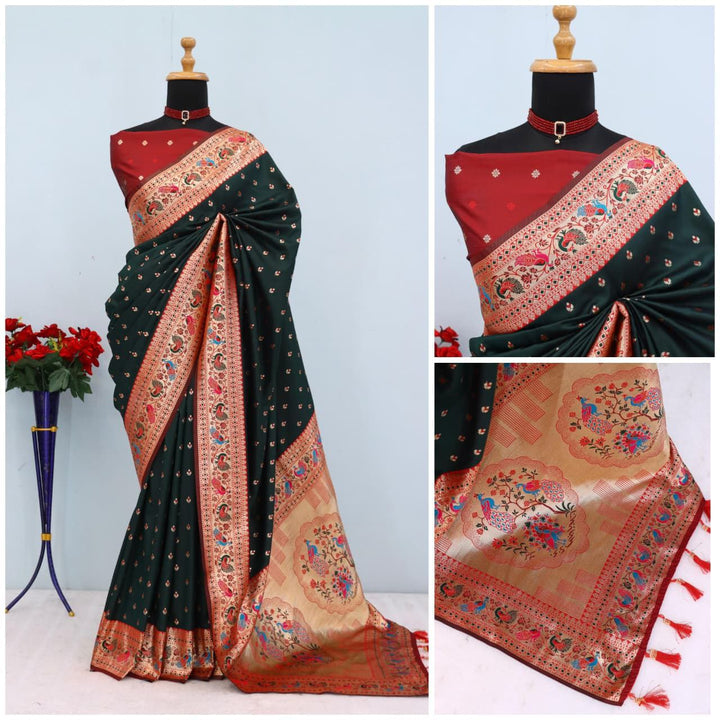 Has floral and peacock motifs on the zari border and pallu DARK GREEN