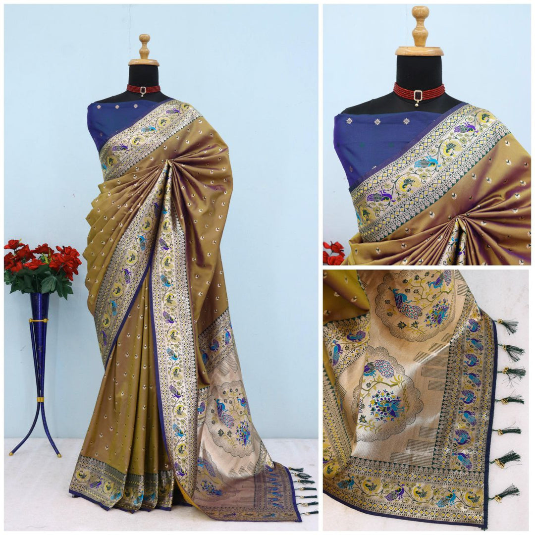 Has floral and peacock motifs on the zari border and pallu BROWN