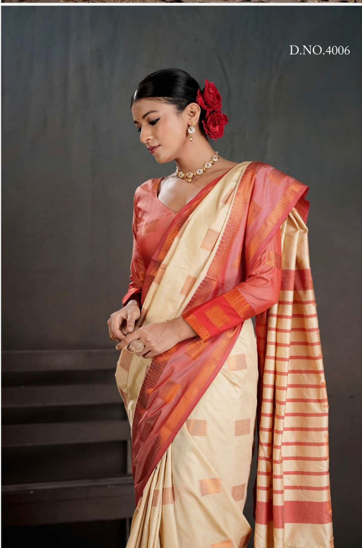 Contrast Border Traditional Silk Saree  CREAM