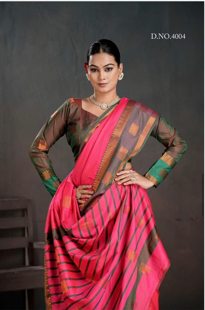 Contrast Border Traditional Silk Saree  DARK PINK