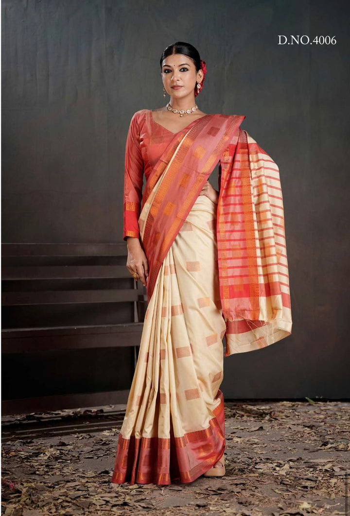 Contrast Border Traditional Silk Saree  CREAM