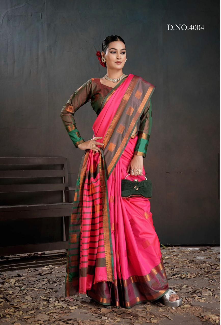 Contrast Border Traditional Silk Saree  DARK PINK