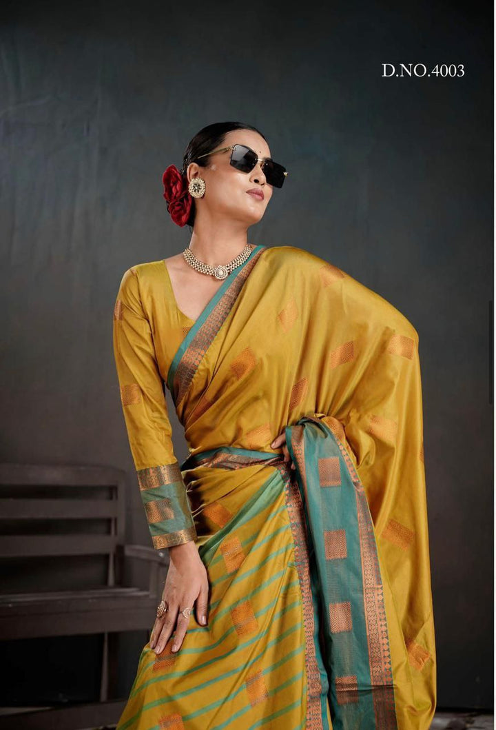 Contrast Border Traditional Silk Saree  YELLOW