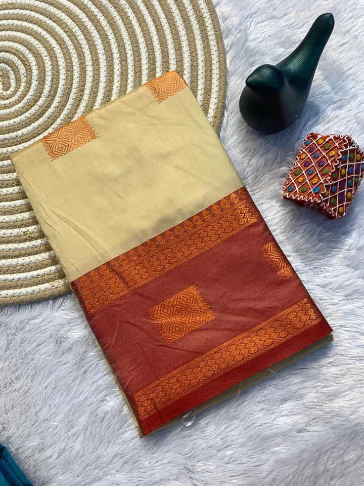 Contrast Border Traditional Silk Saree  CREAM