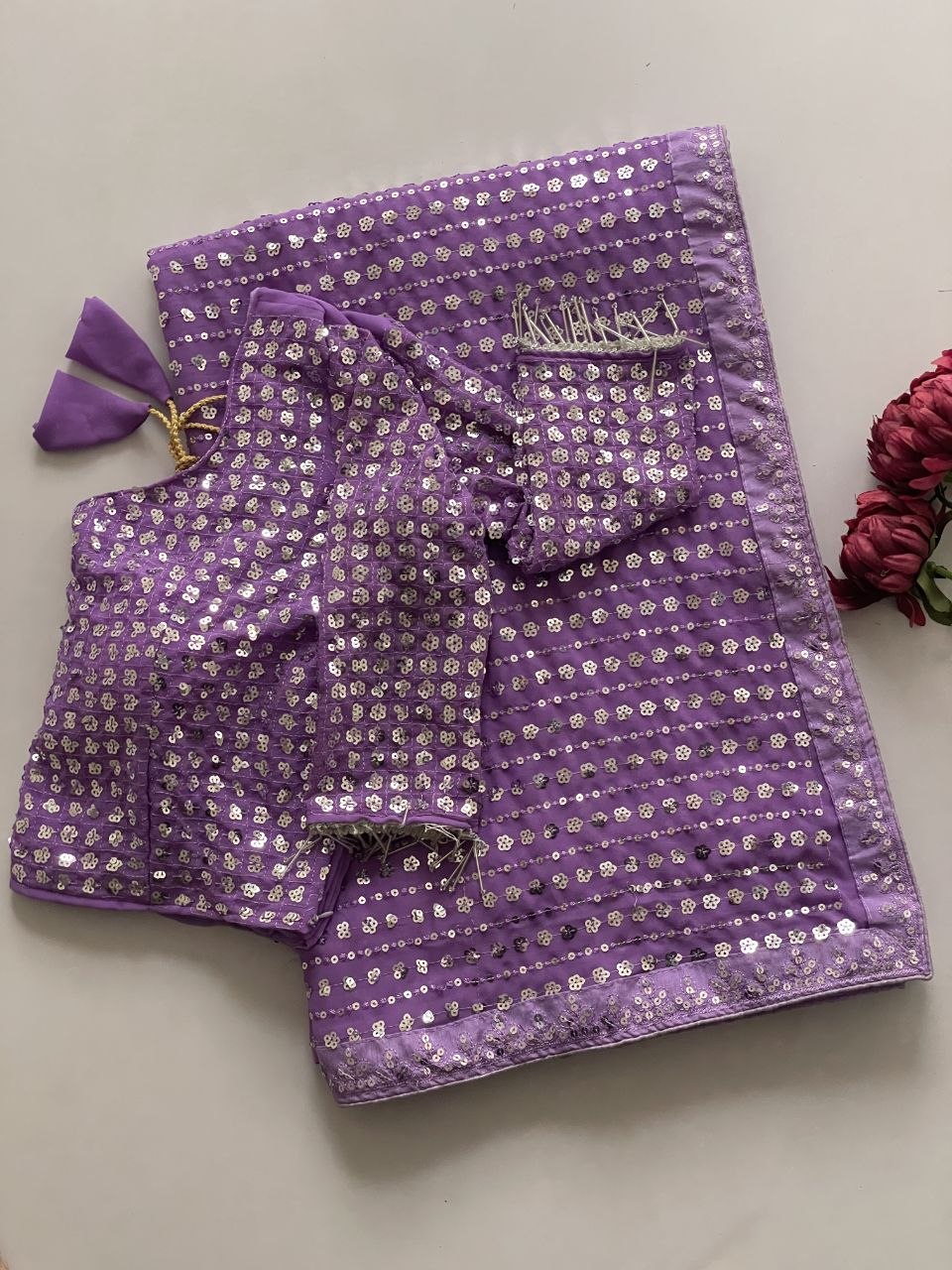 Heavy Embroidered Faux Georgette Saree with Matching Blouse - PURPLE