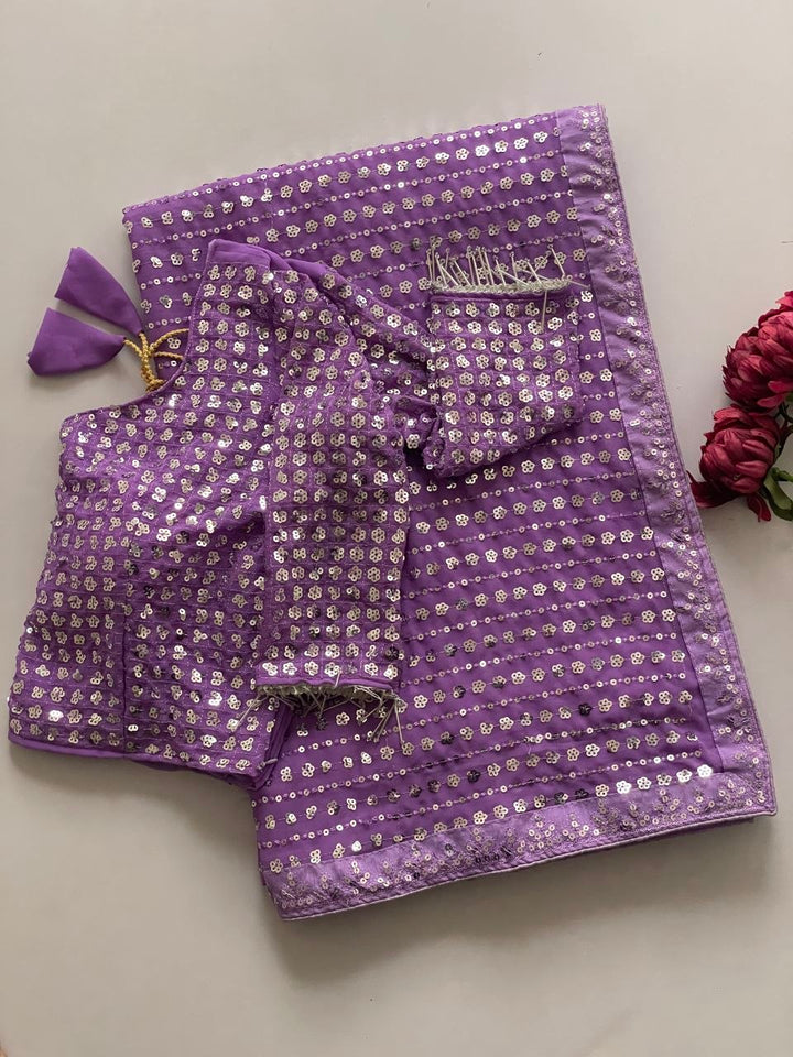 Heavy Embroidered Faux Georgette Saree with Matching Blouse - PURPLE