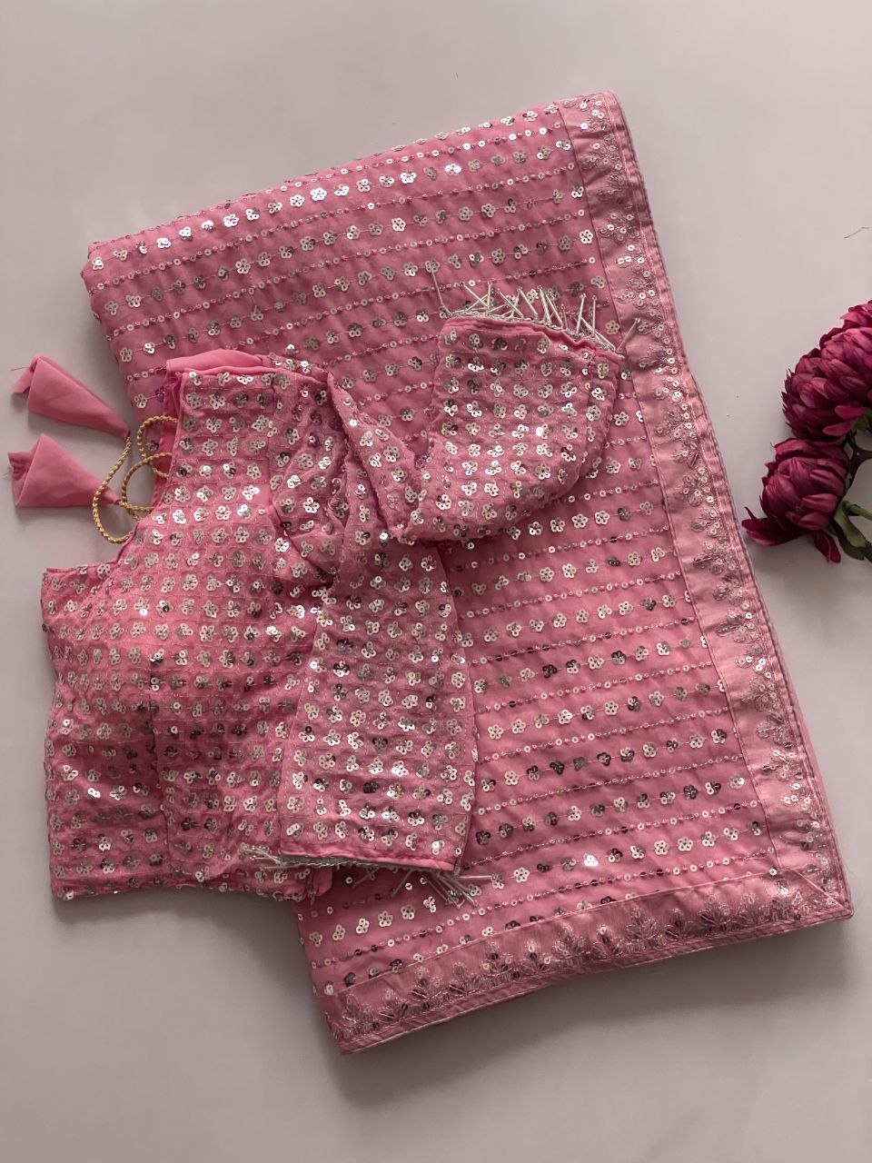 Heavy Embroidered Faux Georgette Saree with Matching Blouse - PINK