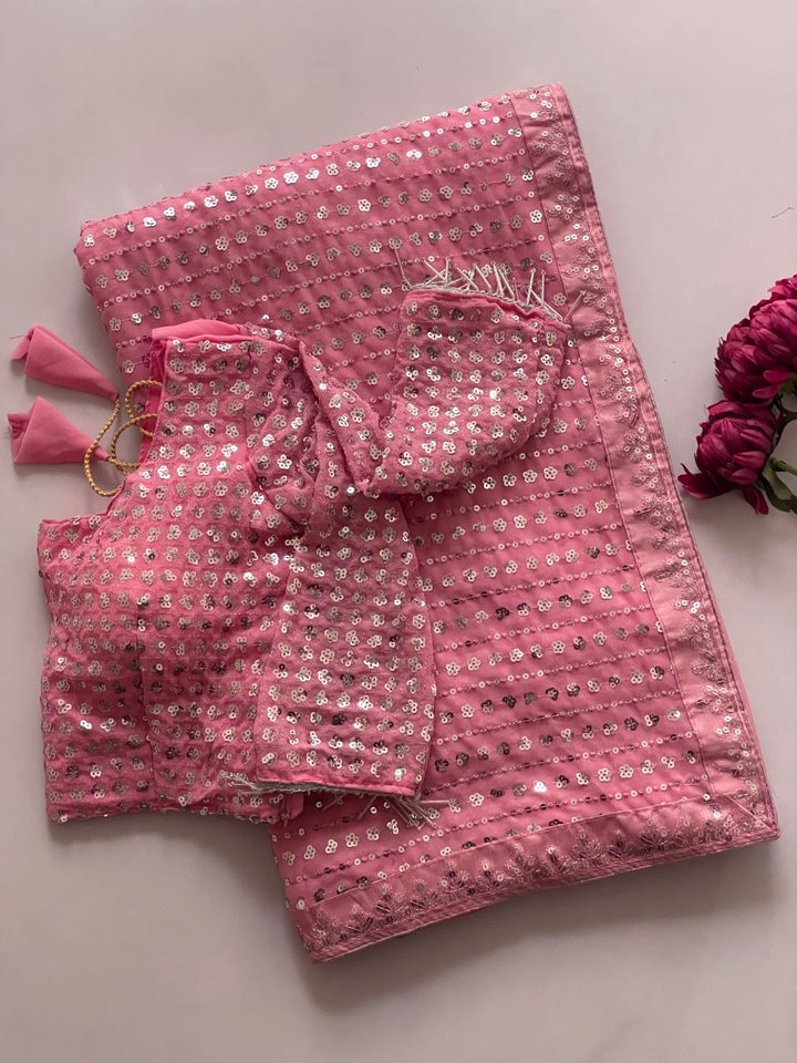 Heavy Embroidered Faux Georgette Saree with Matching Blouse - PINK