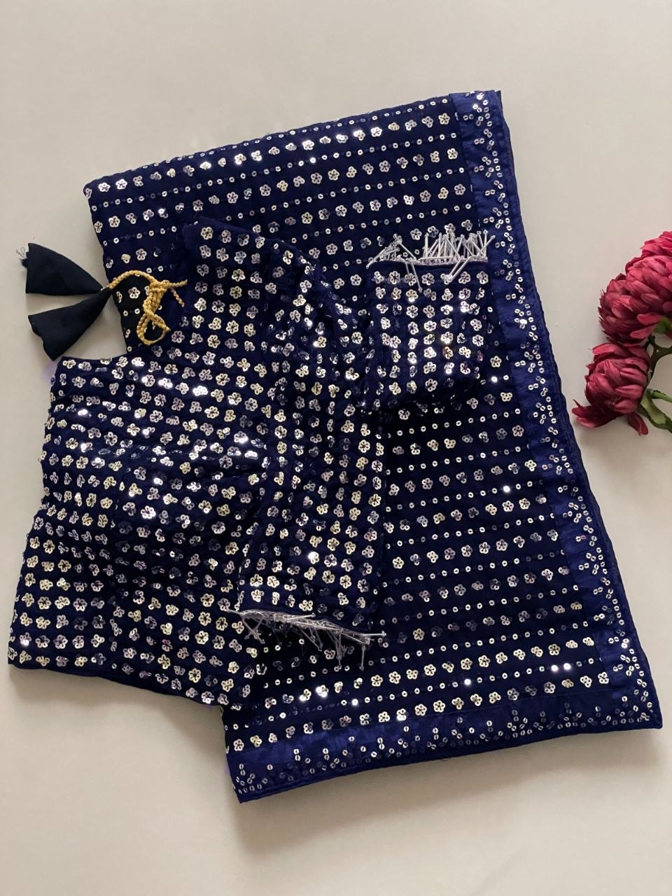 Heavy Embroidered Faux Georgette Saree with Matching Blouse - NAVY BULE