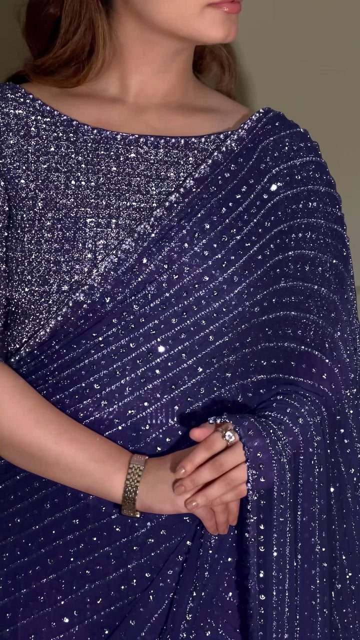 Heavy Embroidered Faux Georgette Saree with Matching Blouse - NAVY BULE