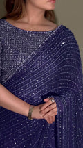 Heavy Embroidered Faux Georgette Saree with Matching Blouse - NAVY BULE