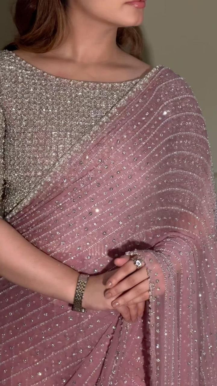 Heavy Embroidered Faux Georgette Saree with Matching Blouse - PINK