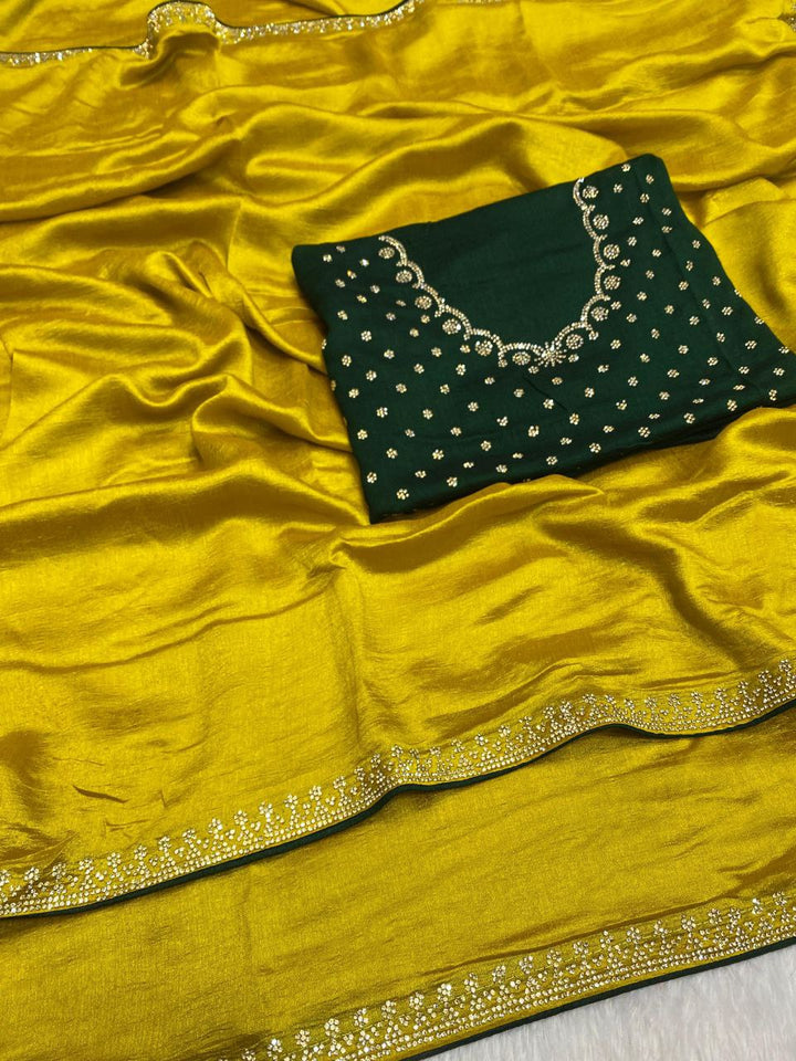 Elegant Vichitra Saree with Jharkan Border Work &amp; Contrast Designer Blouse - YELLOW