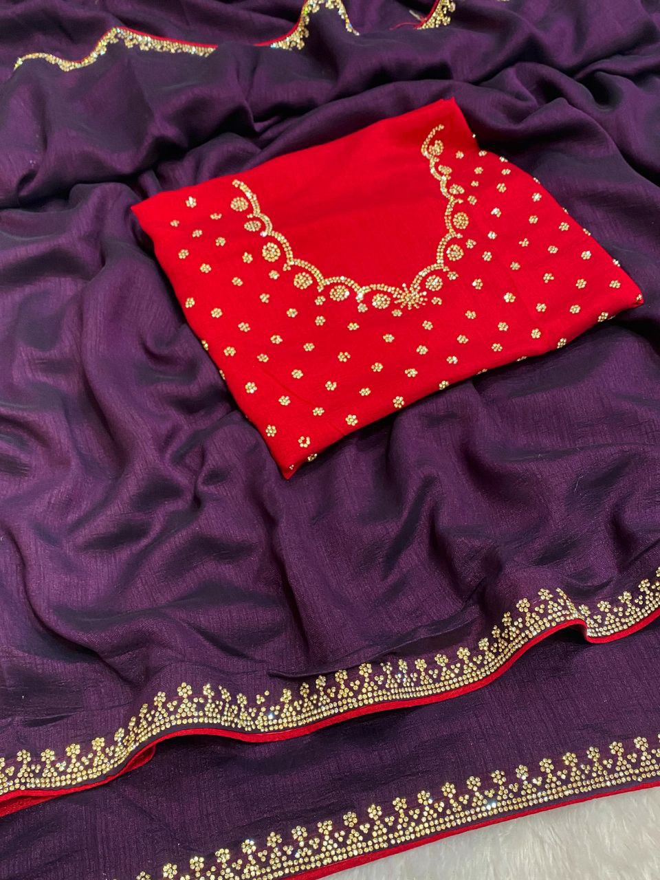 Elegant Vichitra Saree with Jharkan Border Work &amp; Contrast Designer Blouse - WINE