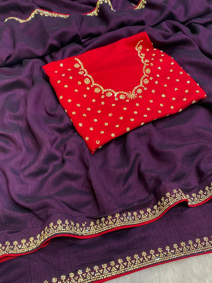 Elegant Vichitra Saree with Jharkan Border Work &amp; Contrast Designer Blouse - WINE