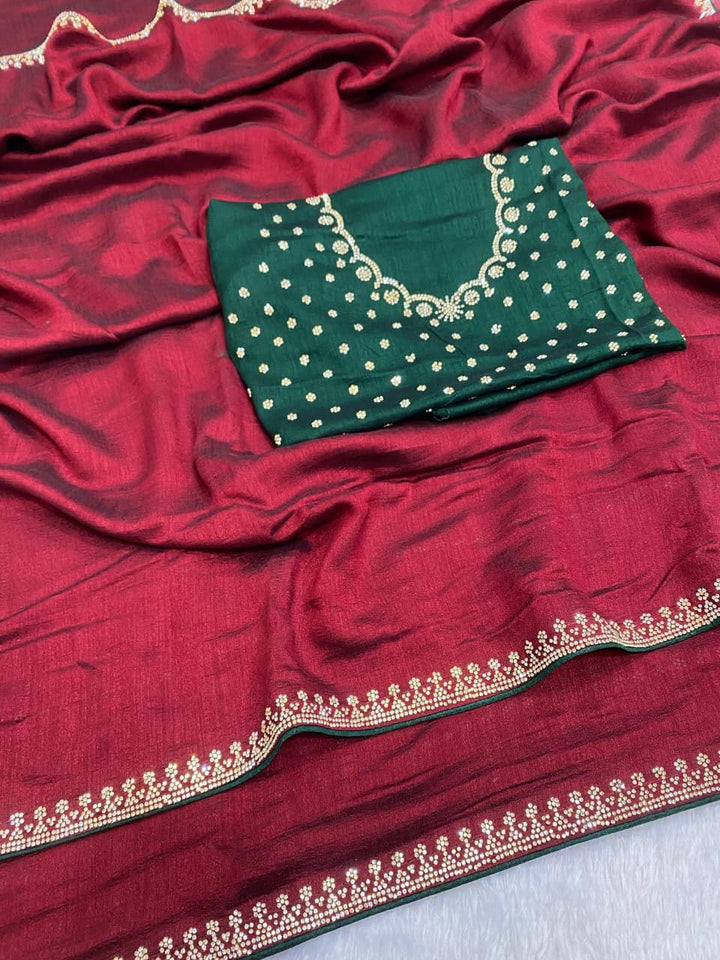 Elegant Vichitra Saree with Jharkan Border Work &amp; Contrast Designer Blouse - RED