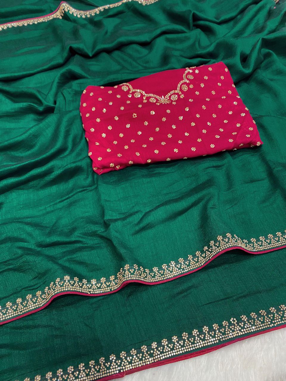 Elegant Vichitra Saree with Jharkan Border Work &amp; Contrast Designer Blouse - GREEN