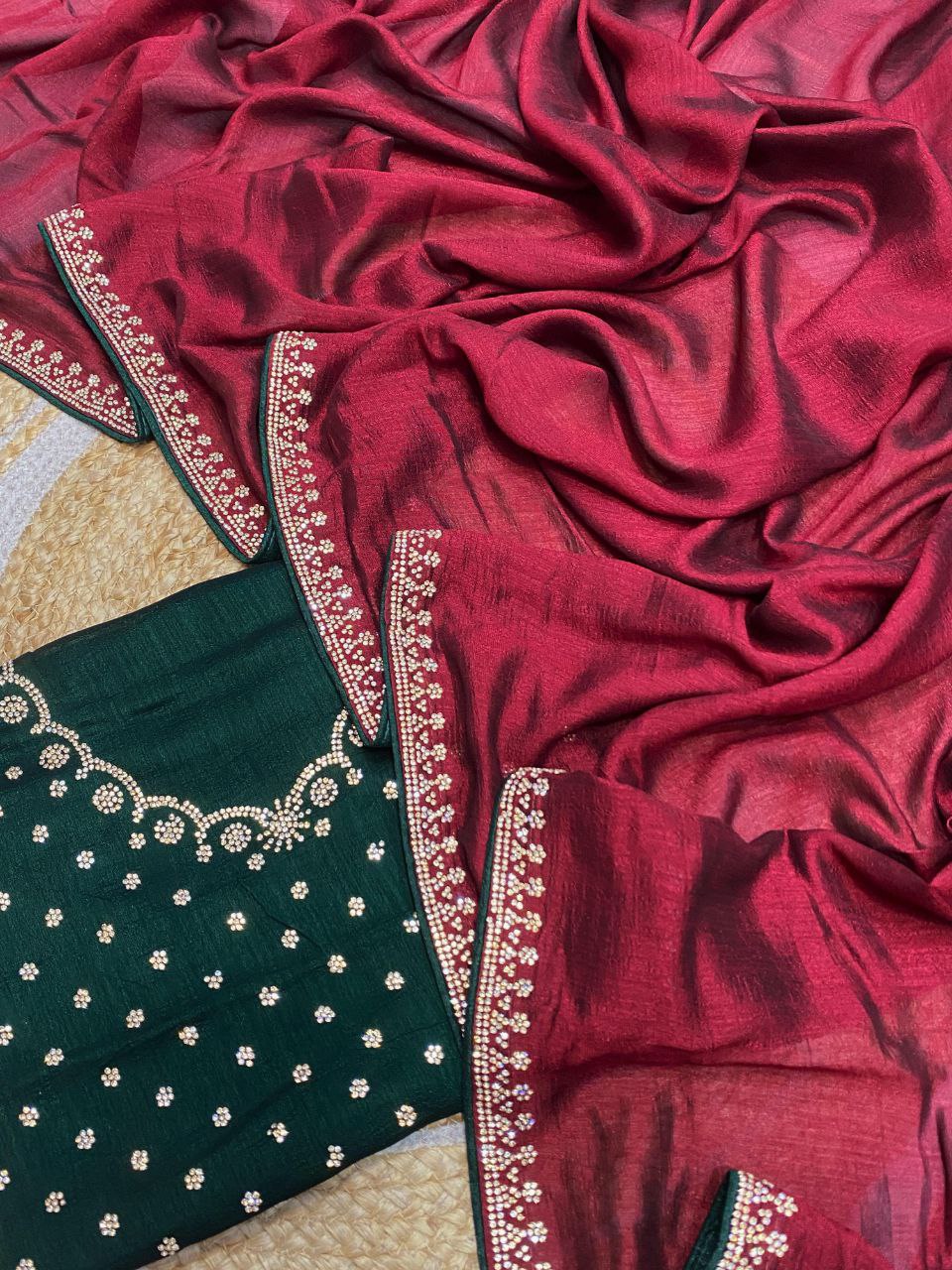 Elegant Vichitra Saree with Jharkan Border Work &amp; Contrast Designer Blouse - RED
