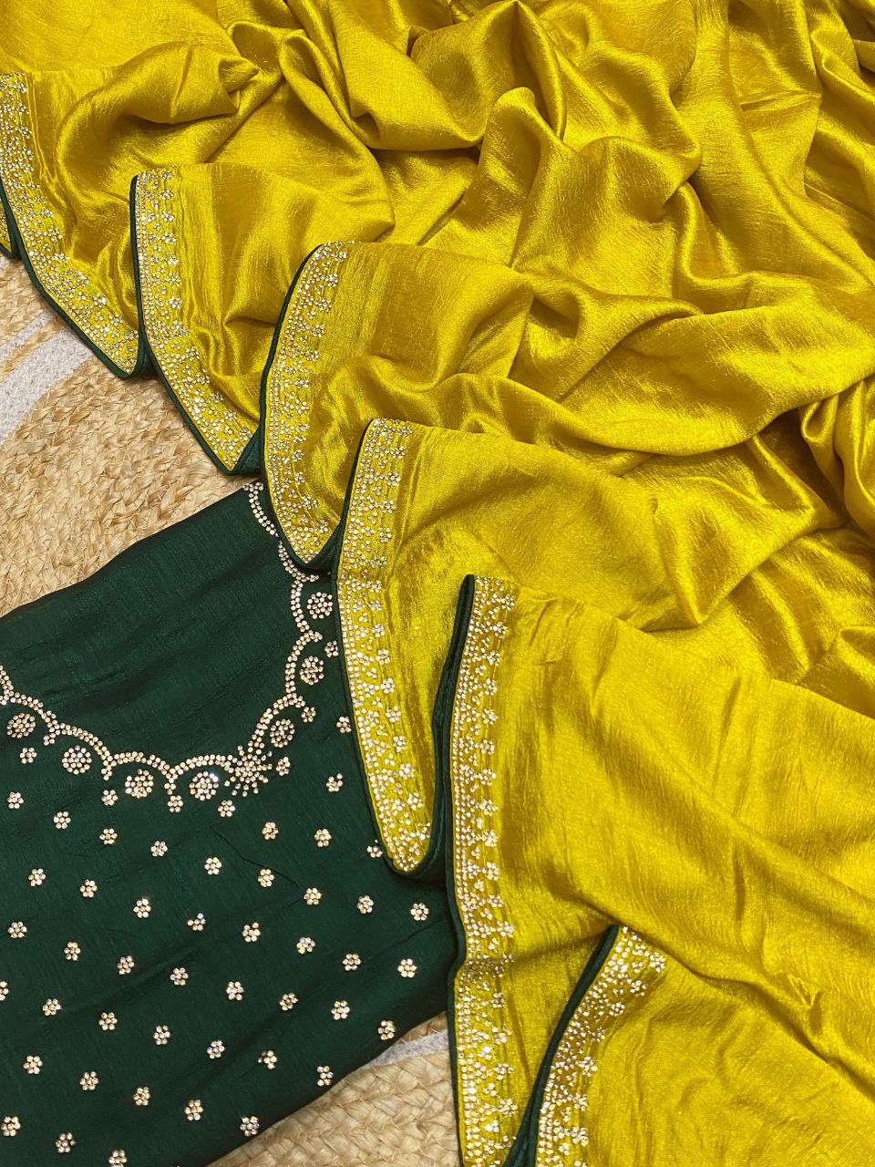 Elegant Vichitra Saree with Jharkan Border Work &amp; Contrast Designer Blouse - YELLOW
