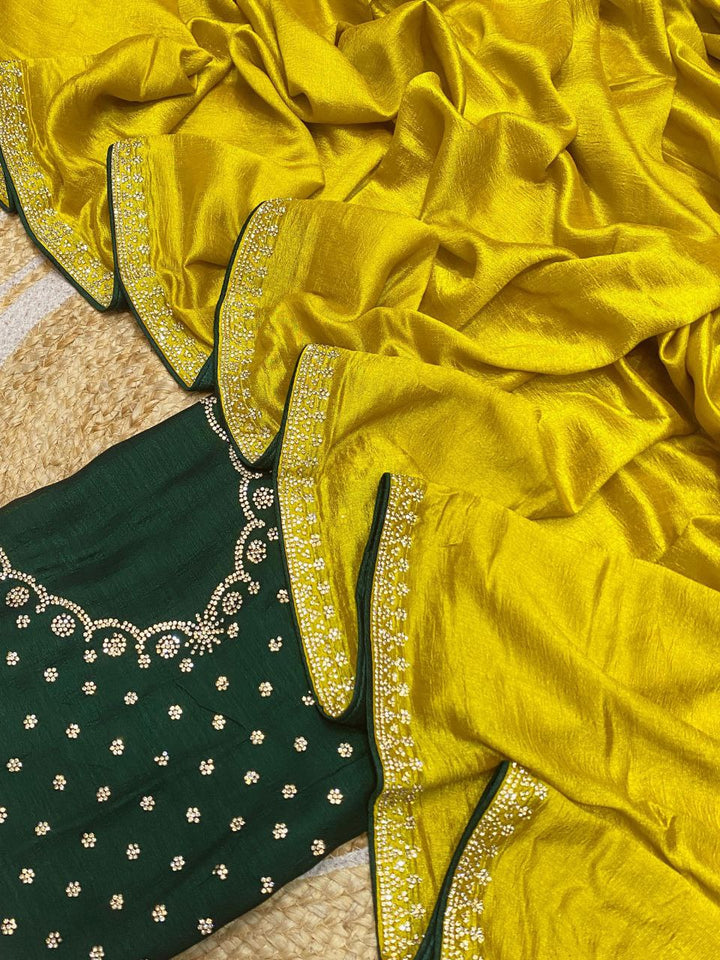 Elegant Vichitra Saree with Jharkan Border Work &amp; Contrast Designer Blouse - YELLOW